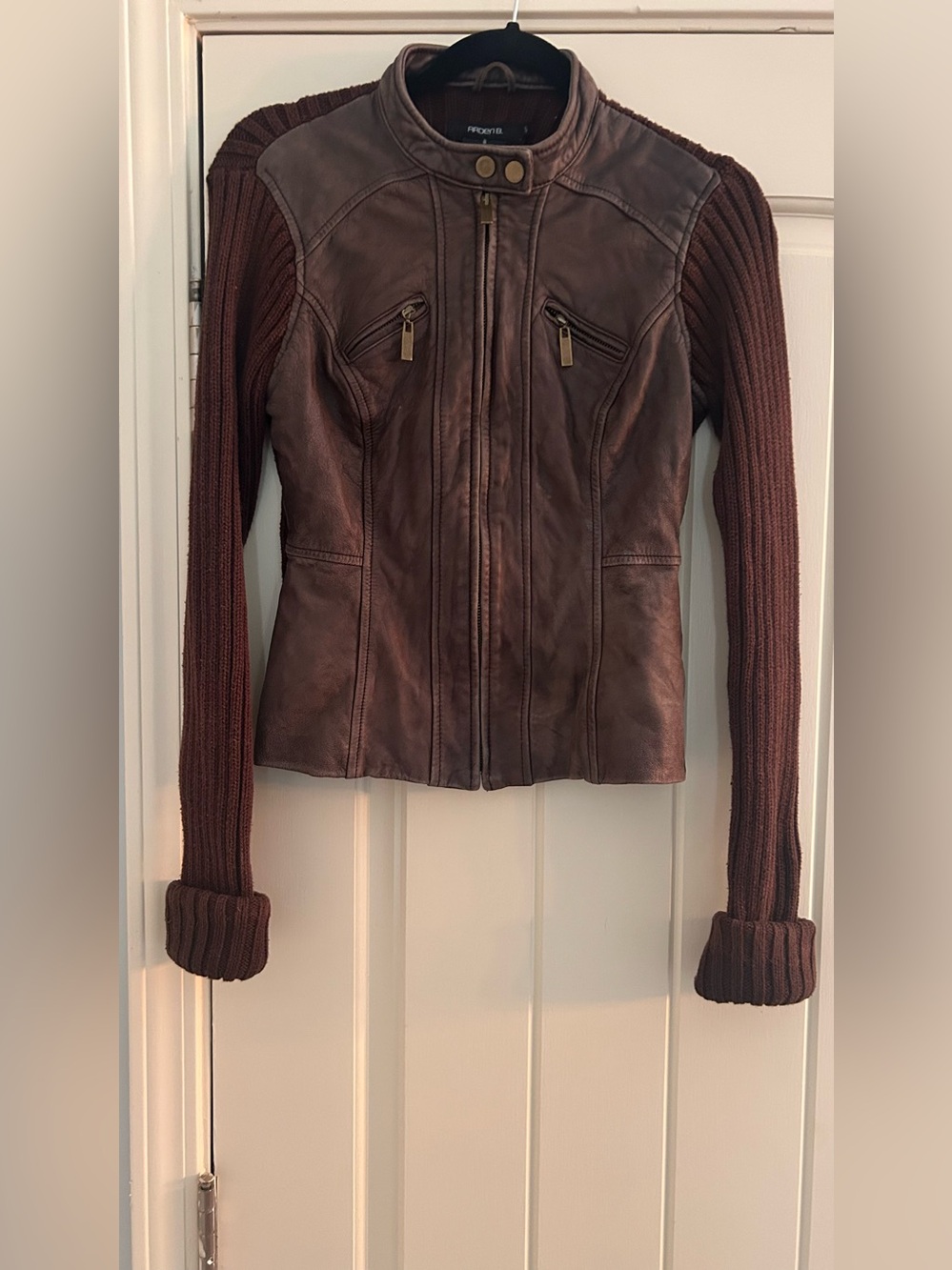 Arden B. Genuine Leather & Cable Knit Moto Jacket - Size S